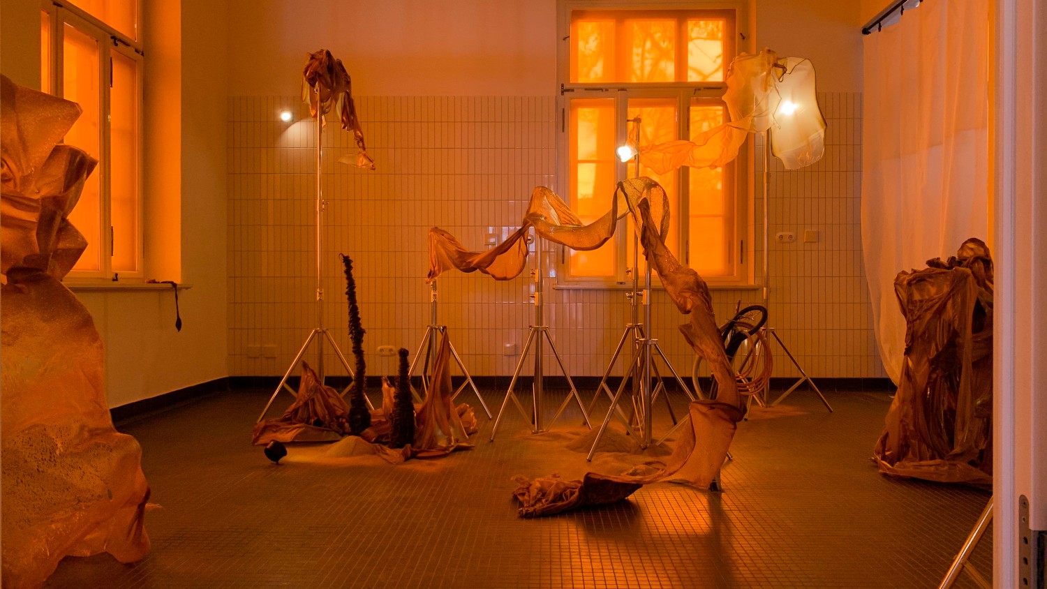 Installation view of a group exhibition by several artists, emerging from a collaborative workshop with MERGE at Chemnitz University of Technology, initiated by the FUNKEN Academy. The room is bathed in orange light and features sculptural formations arranged on metal stands. These structures are made of GEOBRIS – a material developed by Yana Zschiedrich from mealworm frass and bio-based plastic. The translucent, organic forms stretch across the space, reflecting a process-oriented approach to material, space, and collectivity.