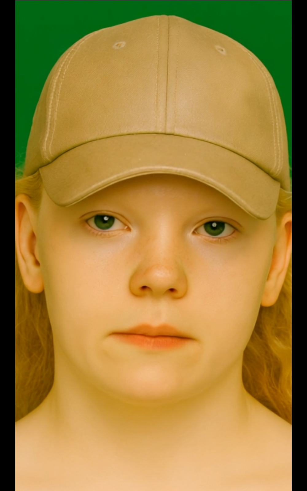 Portrait of an AI-generated face: a young person wearing a beige cap, looking directly into the camera with a neutral expression. Video still from 
