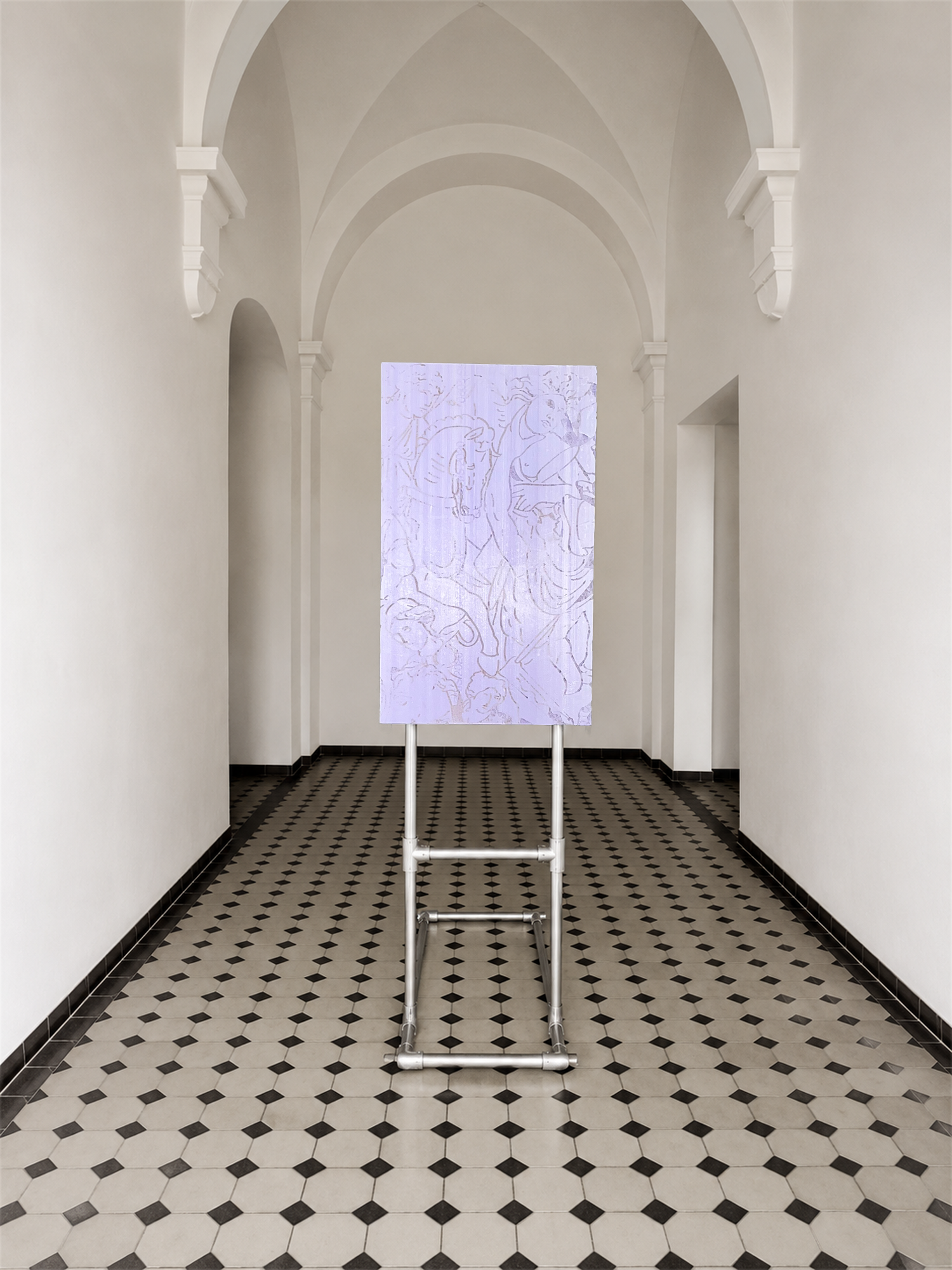 A symmetrical, light-filled hallway with elegant arched doorways and a graphic tile floor. In the center stands an easel displaying a pastel-violet relief depicting battling Amazons. Photography and artwork by Yana Zschiedrich.