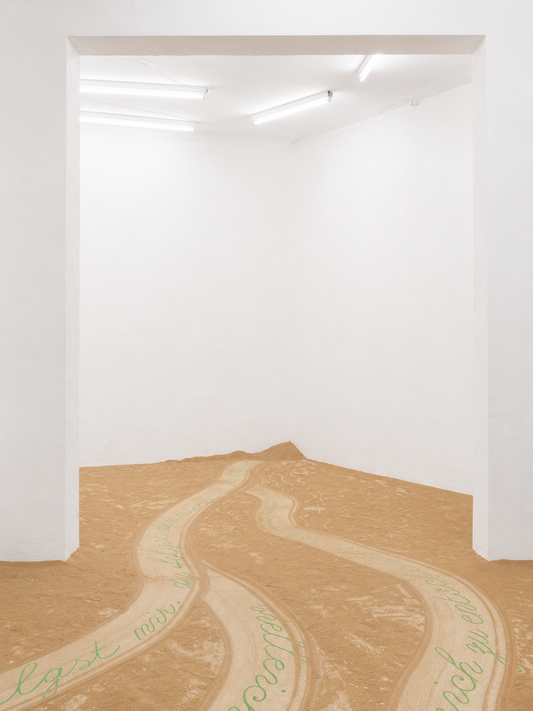 Floor installation made of mealworm frass and green typographic pathways extending through a white exhibition space. The pathways branch and converge, inviting visitors to follow them through the room. By Yana Zschiedrich